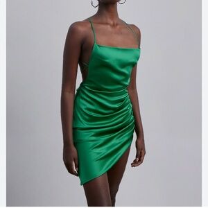 Silk Maison Ruched Silk Mini Slip Dress Kelly Green Asymmetric Hem Open Back-XS